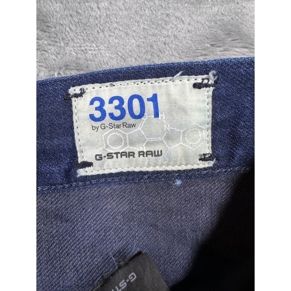 G-Star Raw 3301 Straight Leg Jeans Mens 34x32 Dark Indigo Blue Denim Button Fly - Picture 10 of 16